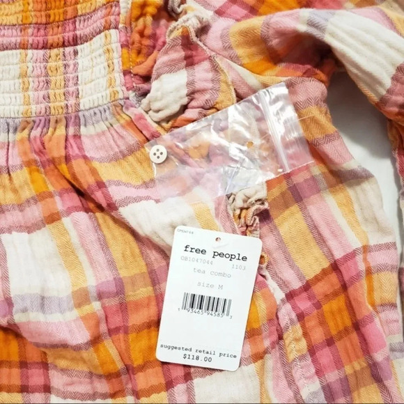 Free People Women's Siena Plaid Pullover Boho Bohemian Top with Ruffles size Med - Picture 9 of 9